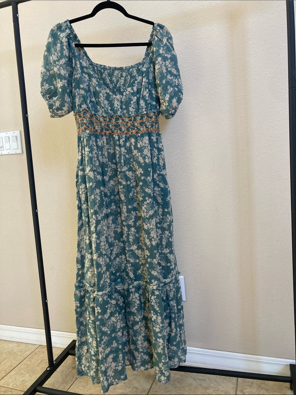 Free People Teal Floral Puff-Sleeve Maxi Dress